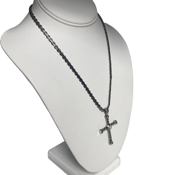 Silver Tone Rope Chain Necklace Chunky Twisted Cross Pendant Rhinestone Accents - Picture 5 of 9